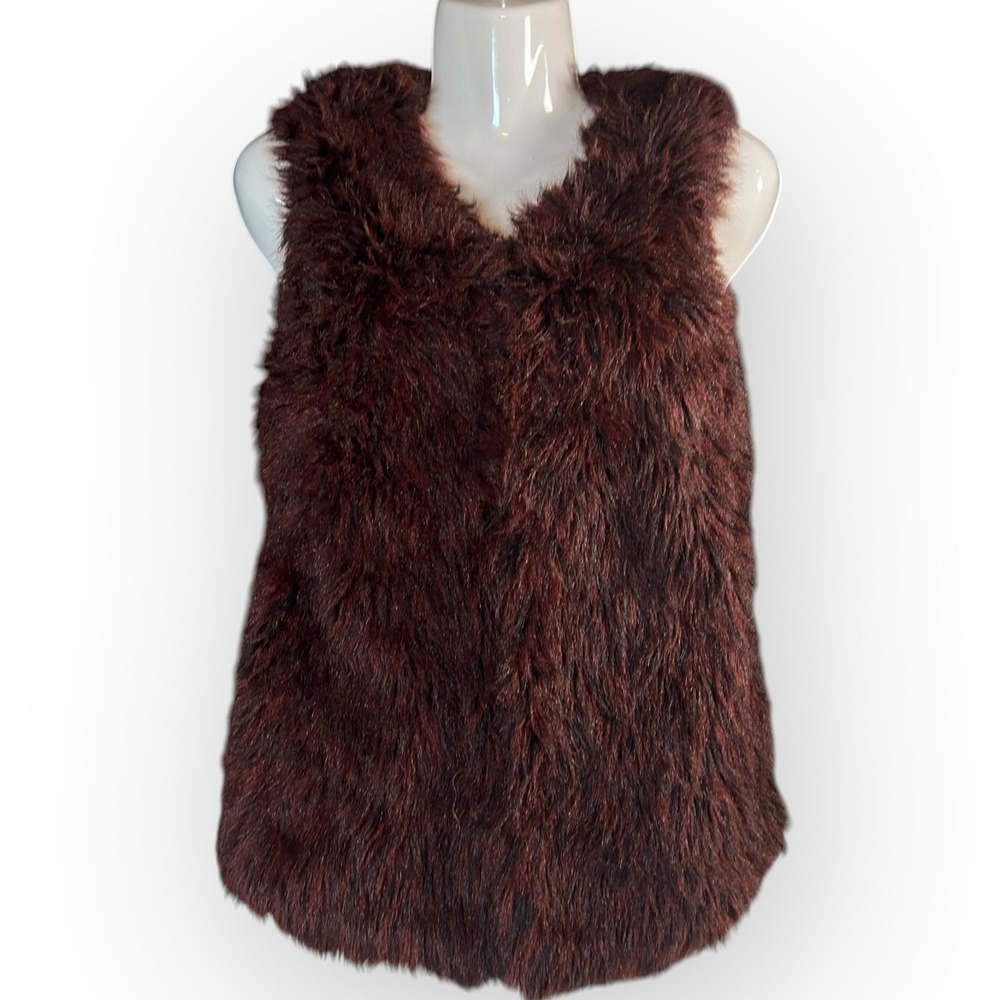 Say What Women's Faux Fur Vest Red Auburn Burgundy Med Mob Wife EUC. USA Y2K